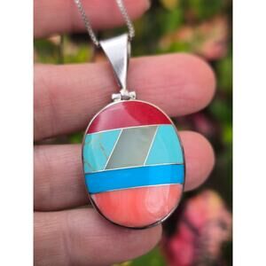 Vintage Mexico Sterling Silver Two Sided Inlay Turquoise Coral Pendant Necklace